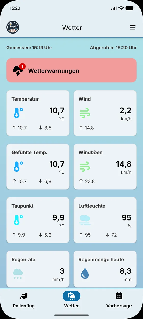Wetter Bad Münder App auf einem Smartphone: Wetter-Bildschirm mit Warnhinweis und den Messwerten der Wetterstation