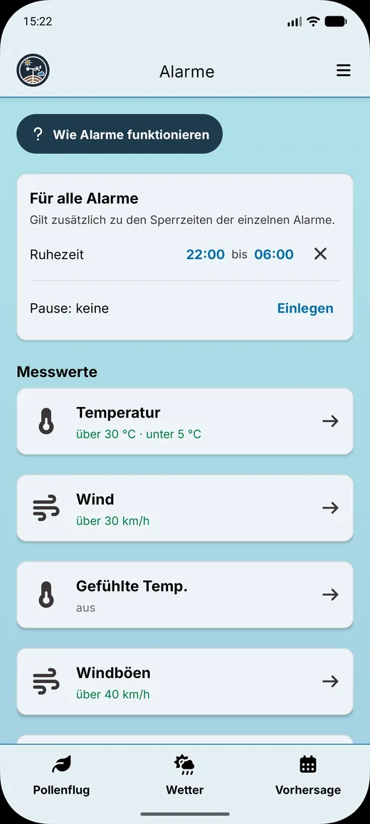Wetter Bad Münder App: Übersicht der Alarme mit Grenzwerten und Ruhezeit