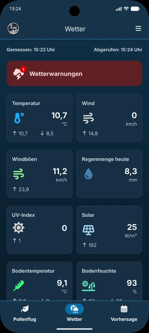 Wetter Bad Münder App: Wetter-Bildschirm im dunklen Erscheinungsbild