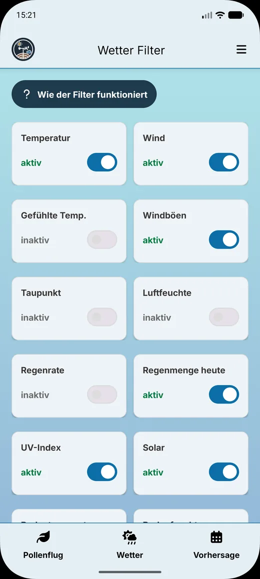 Wetter Bad Münder App: Wetter Filter zum Ein- und Ausblenden einzelner Messwerte