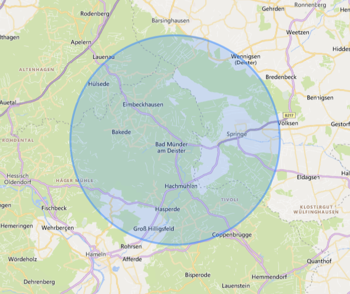 Karte von Bad Münder mit eingezeichnetem Radius der Wetterdaten-Abdeckung
