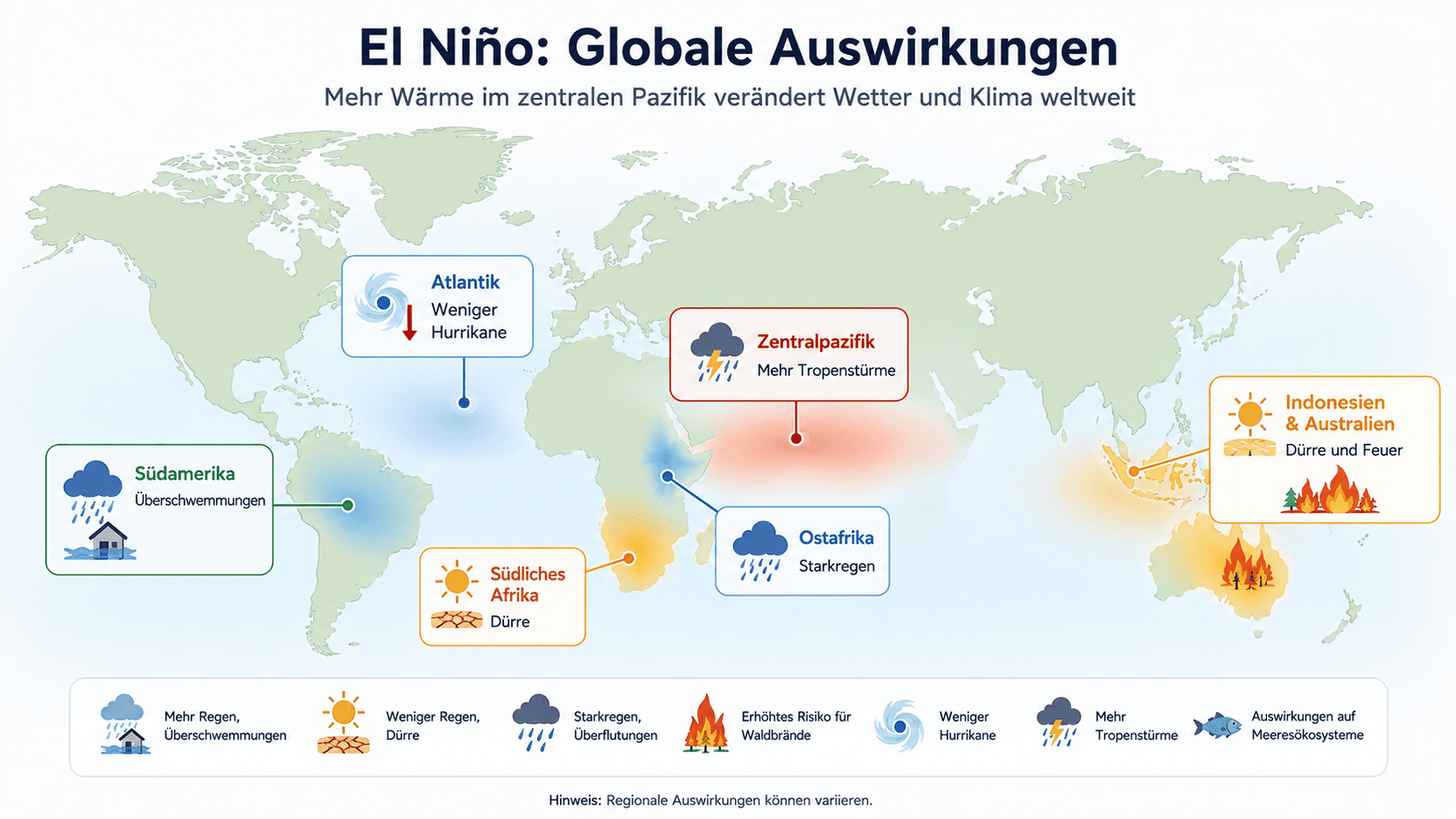Weltkarte mit den typischen globalen Auswirkungen von El Ni&ntilde;o wie &Uuml;berschwemmungen, D&uuml;rren, Tropenst&uuml;rmen und Waldbr&auml;nden