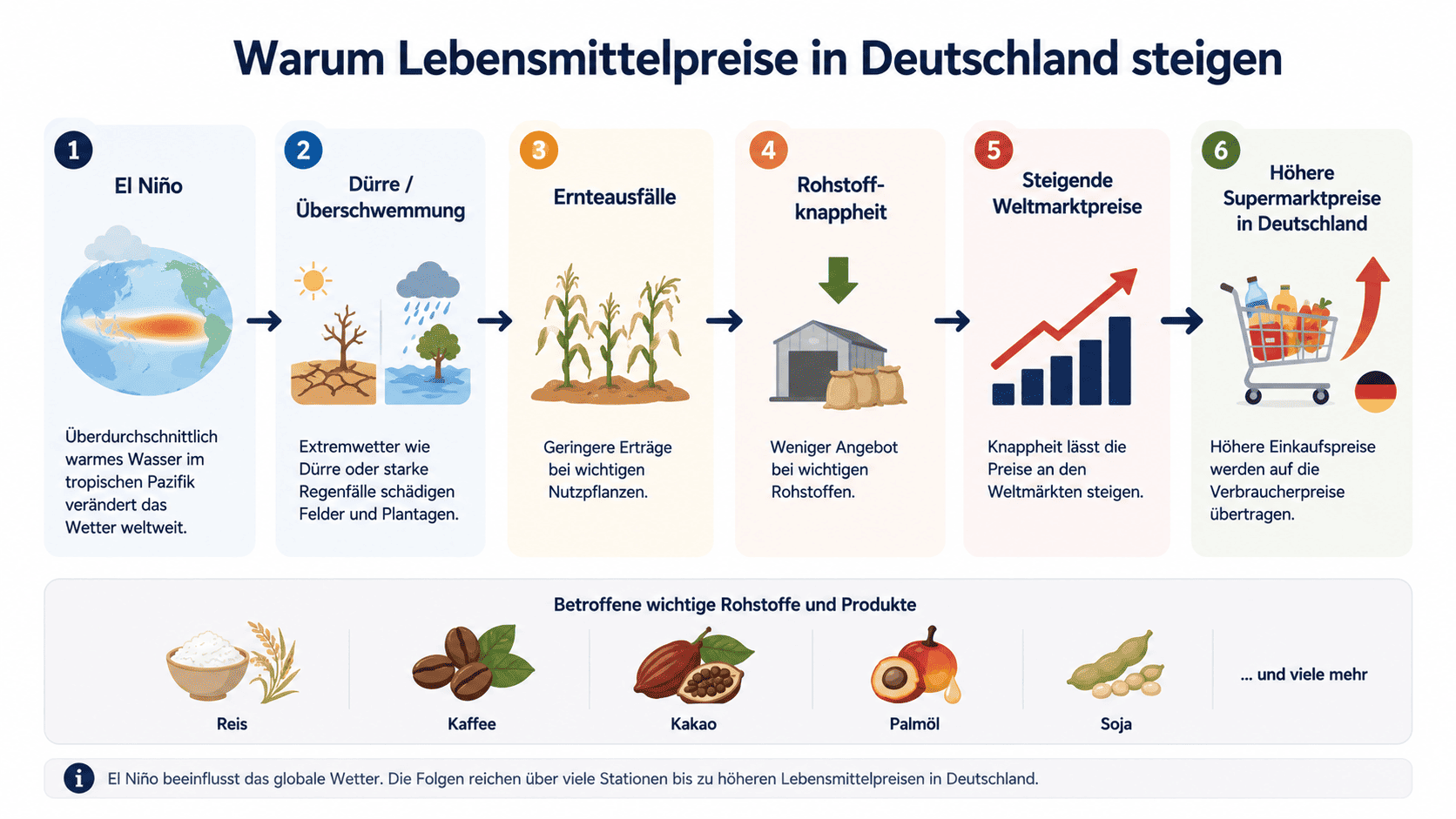 Infografik zur Kettenreaktion von El Ni&ntilde;o &uuml;ber Ernteausf&auml;lle und Rohstoffknappheit bis zu steigenden Lebensmittelpreisen in Deutschland