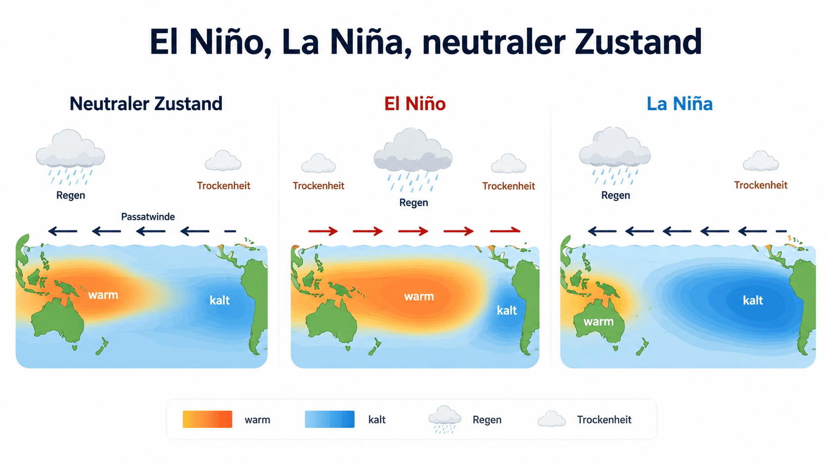 Infografik zum Vergleich von neutralem Zustand, El Ni&ntilde;o und La Ni&ntilde;a im tropischen Pazifik mit Windrichtungen, Temperaturzonen und Niederschlagsmustern