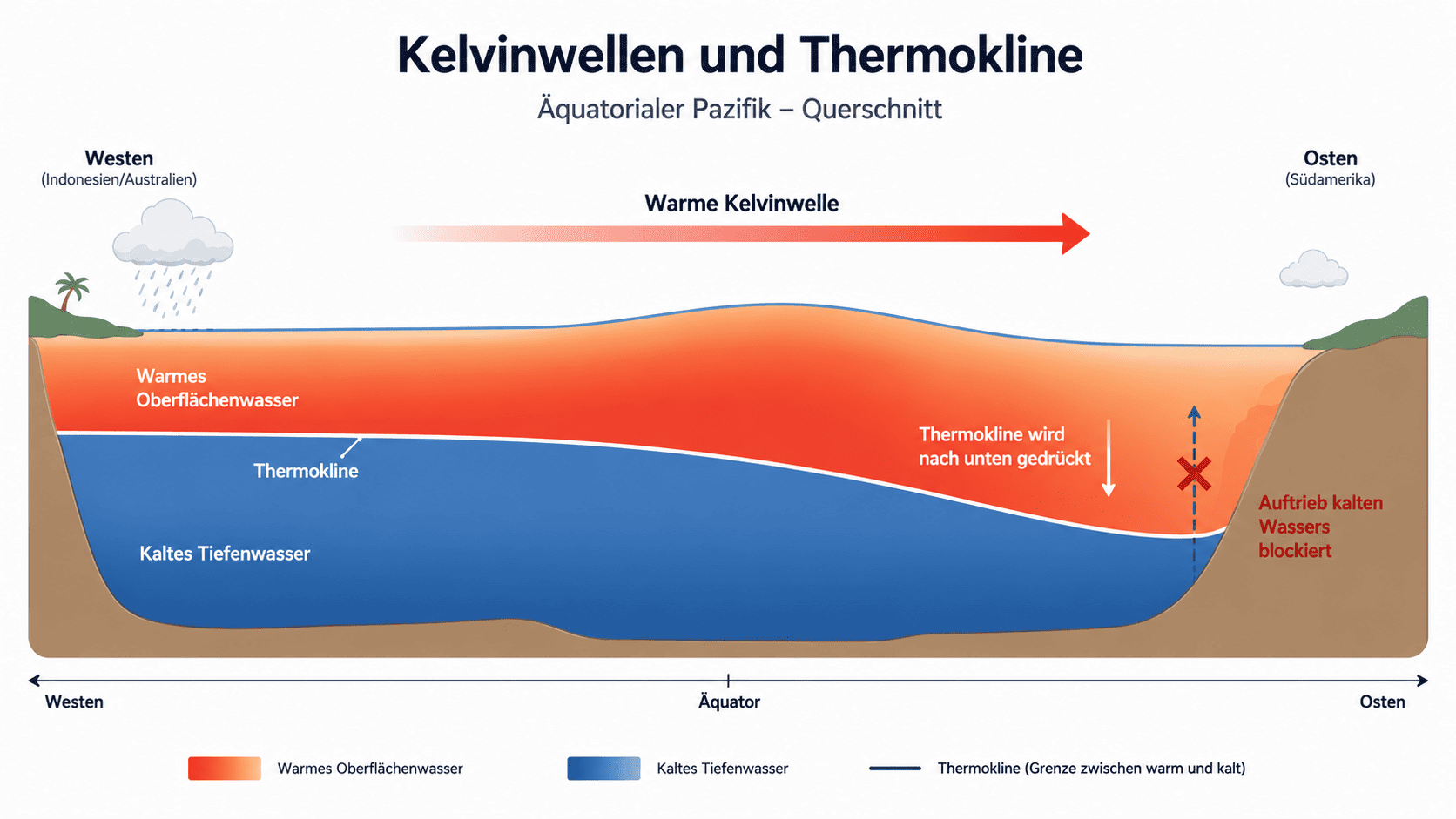 Querschnitt des &auml;quatorialen Pazifiks mit warmer Kelvinwelle, Thermokline und blockiertem Auftrieb kalten Tiefenwassers