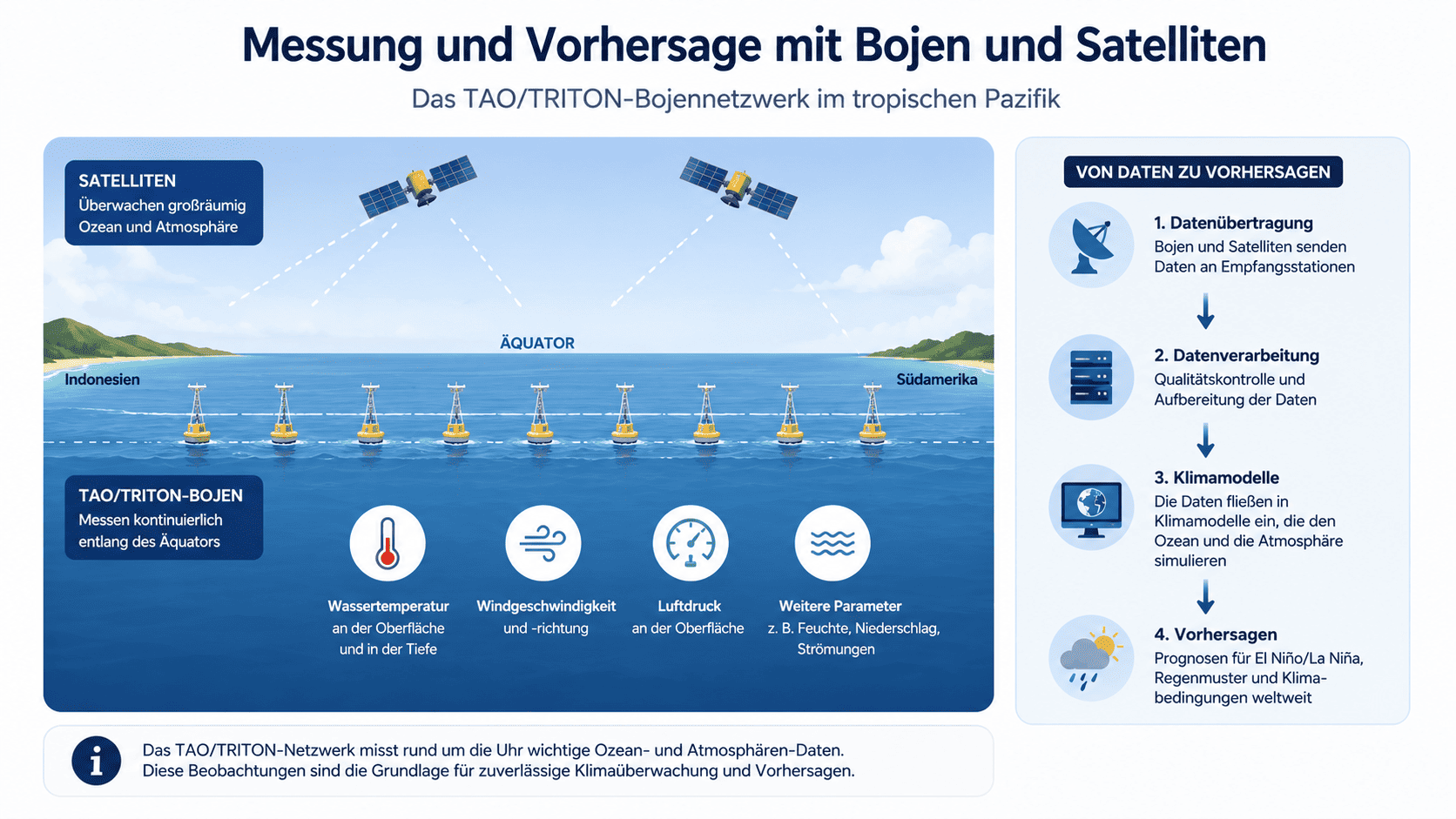 Infografik zum TAO-TRITON-Bojennetzwerk und Satelliten&uuml;berwachung f&uuml;r die Messung und Vorhersage von El Ni&ntilde;o