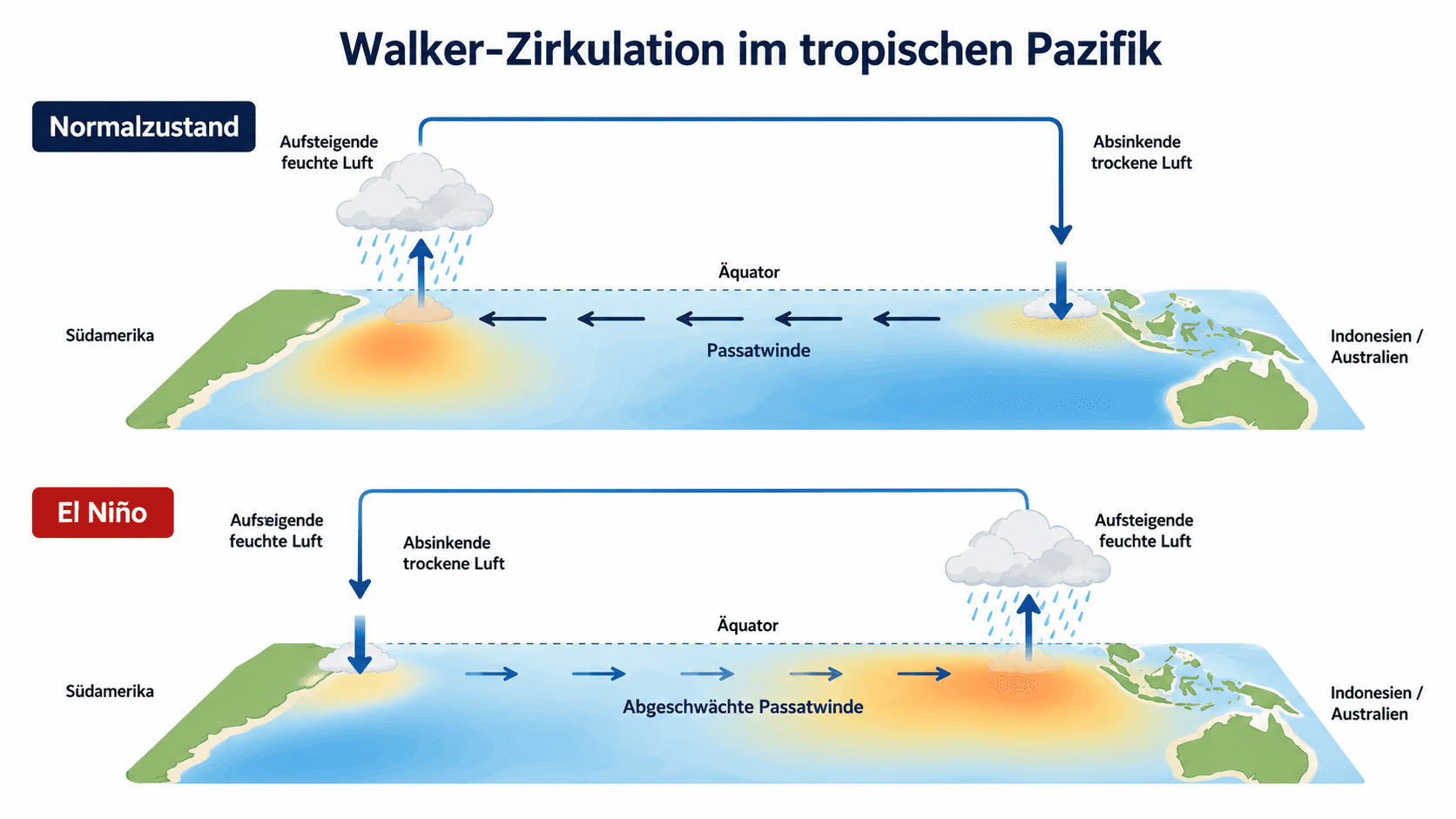 Schematische Darstellung der Walker-Zirkulation im Normalzustand und w&auml;hrend eines El-Ni&ntilde;o-Ereignisses