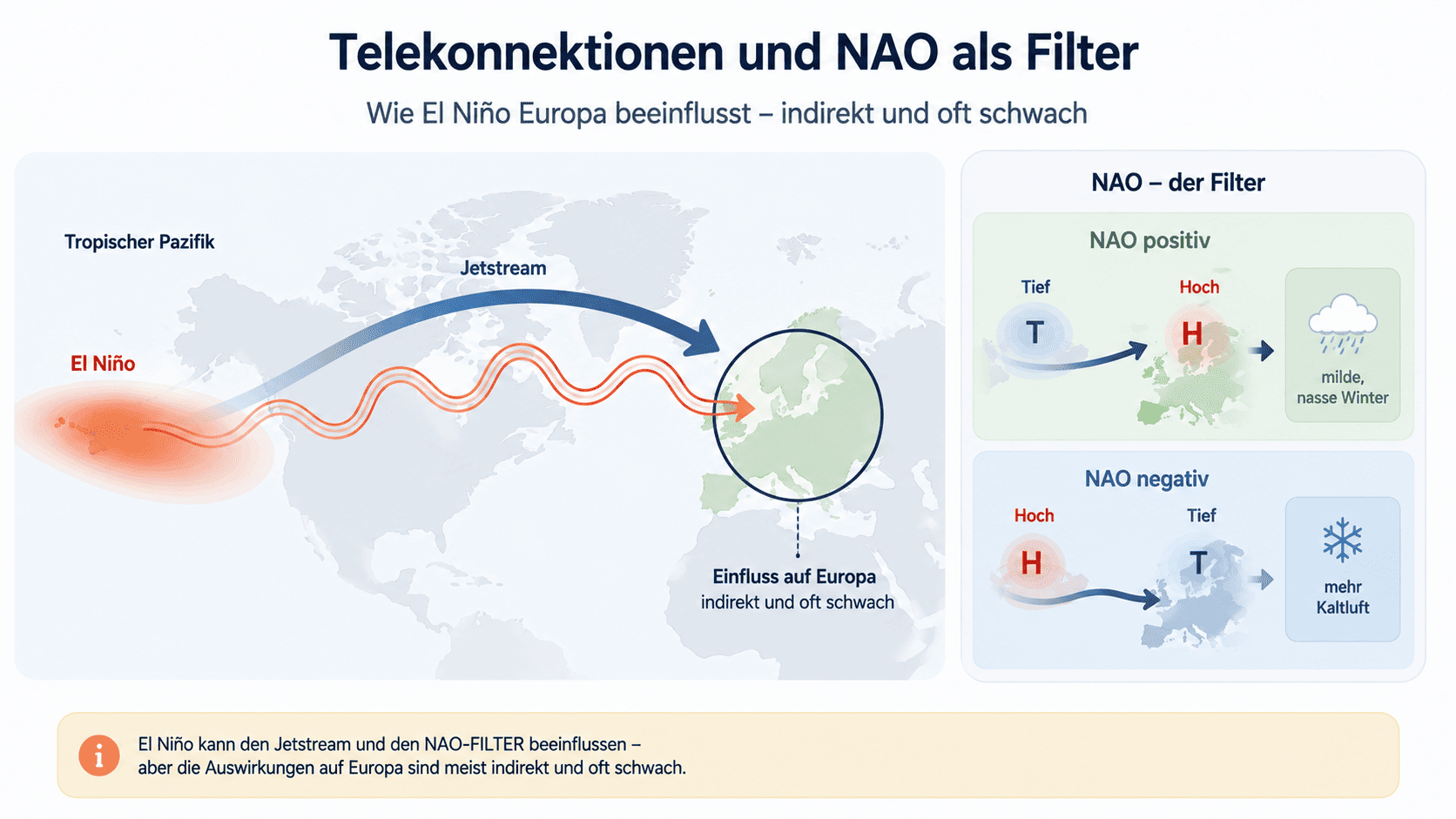 Infografik zur indirekten Beeinflussung Europas durch El Ni&ntilde;o &uuml;ber Telekonnektionen, Jetstream und Nordatlantische Oszillation