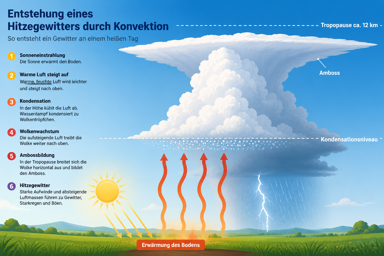 Schematische Darstellung der Konvektion: Sonne erw&auml;rmt den Boden, warme feuchte Luft steigt auf, k&uuml;hlt ab, kondensiert und bildet eine hochreichende Cumulonimbuswolke mit Amboss.