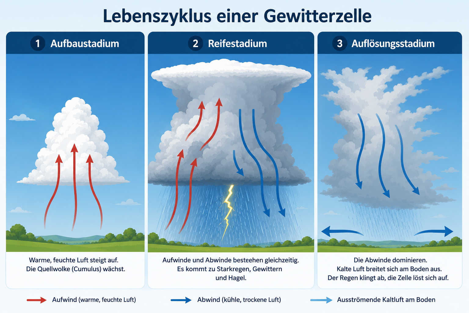 Dreiteilige Infografik des Gewitter-Lebenszyklus: Aufbaustadium mit reinem Aufwind, Reifestadium mit Auf- und Abwind sowie Niederschlag, Aufl&ouml;sungsstadium mit &uuml;berwiegendem Abwind.